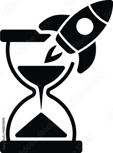 A black and white graphic of an hourglass with a rocket taking off from the top of the hourglass