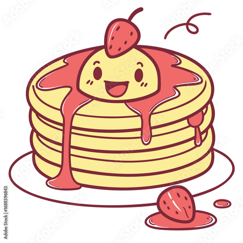 A cheerful cartoon stack of pancakes with strawberry syrup and a strawberry on top a fun and cute breakfast illustration