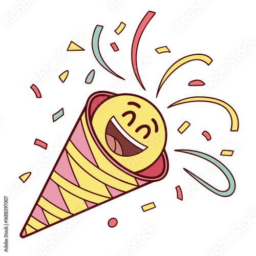 A cheerful yellow emoji face bursts from a festive party popper releasing colorful confetti and streamers in a celebration of joy and excitement