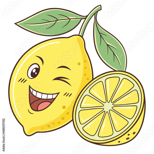 A cheerful winking cartoon lemon character with a happy smile and a sliced lemon next to it featuring green leaves and a white background representing fun and refreshment