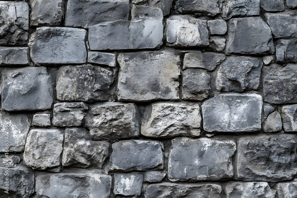 Obraz premium Rustic Grey Stone Wall Texture with Irregularly Shaped Blocks and Subtle Blue Hues.