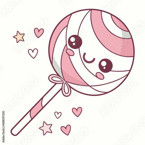 A cute and happy pink swirled lollipop with a smiling face and blushing cheeks surrounded by small hearts and stars