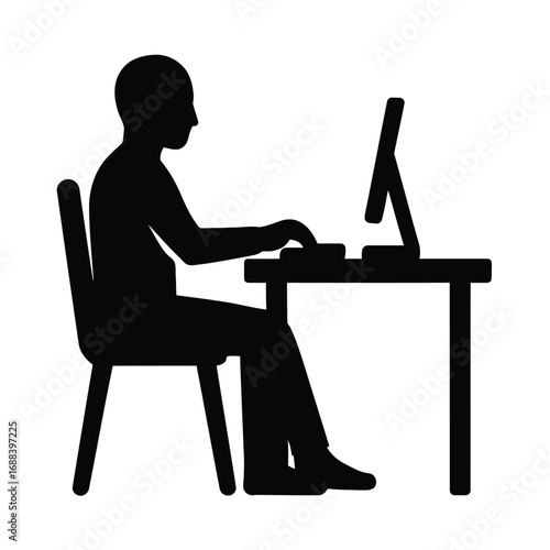 Vector illustration of black silhouette of person working on computer