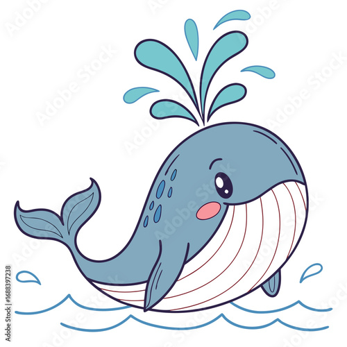 A cute cartoon whale with a joyful expression spouting water in the ocean waves perfect for children s illustrations and designs