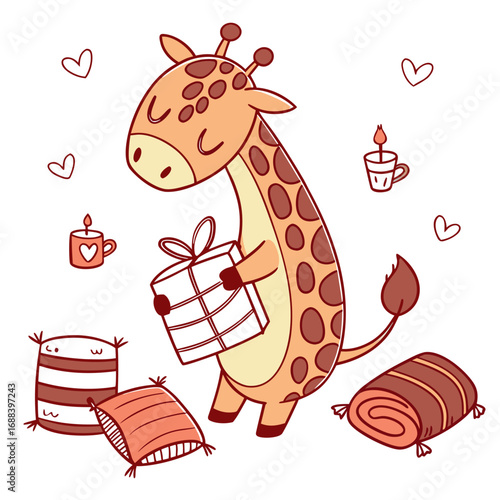 Charming SVG of a Shy Giraffe featuring hugging a pillow, styled in a Christmas theme with Warm Cozy hues