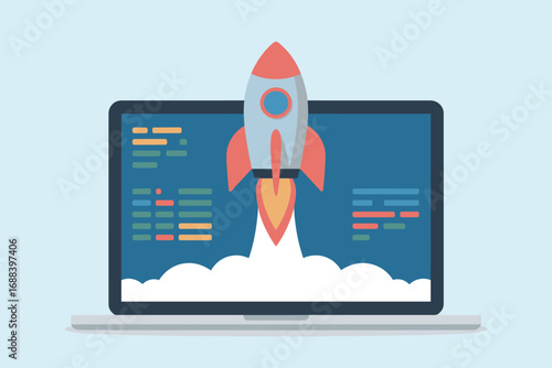 A cartoon rocket launching from a laptop screen with code snippets and white smoke on a light background