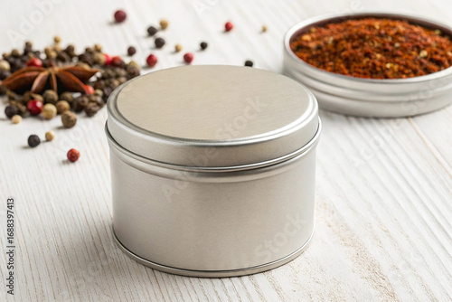 Round Tin Can Mockup with Spices on a Wooden Background