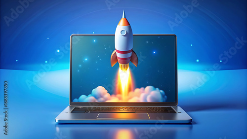 Rocket coming out of laptop screen with blue background concept for startup innovation