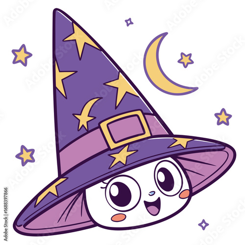 Adorable cartoon character wearing a starry purple witch hat with a happy expression surrounded by stars and a crescent moon perfect for halloween celebrations
