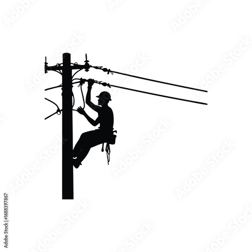 Lineman silhouette working on power lines electrician