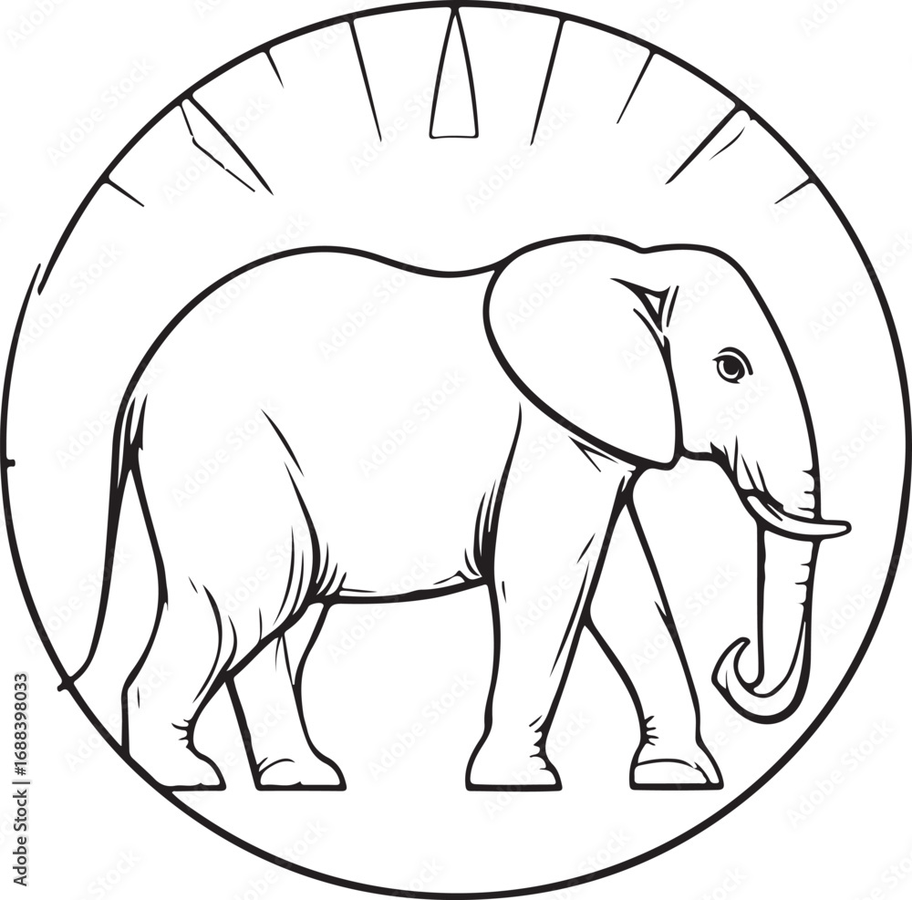 Obraz premium Elephant Line Art in Circular Frame – Detailed Black and White Outline Illustration Design