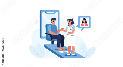 Empowered patient consults with friendly nurse during modern telehealth appointment receiving care and reassurance via video call, Generative AI.