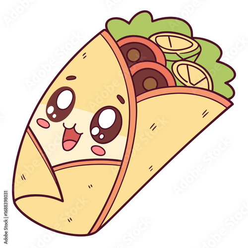 Adorable kawaii cartoon burrito character with a happy smiling face and big cute eyes filled with joy and delicious ingredients