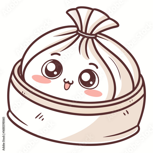 Adorable kawaii dumpling character with big expressive eyes and rosy cheeks sitting in a steamer basket