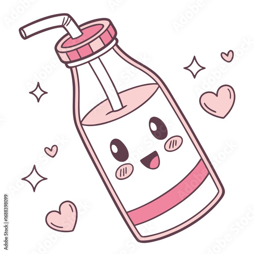 Adorable kawaii pink strawberry milk bottle with a happy face and straw surrounded by sparkling stars and cute hearts on a white background