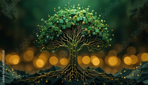 Circuit Board Tree Abstract digital artwork depicting a tree formed from circuit boards set against a bokeh background