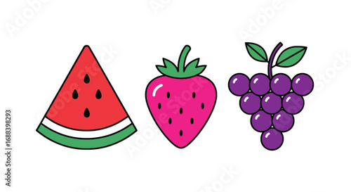 Vibrant cartoon fruits watermelon strawberry grapes healthy delicious refreshing summer treats sweet natural goodness