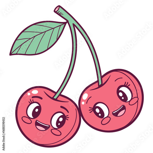Two adorable cartoon cherries with happy faces and a green leaf on a white background representing friendship and joy