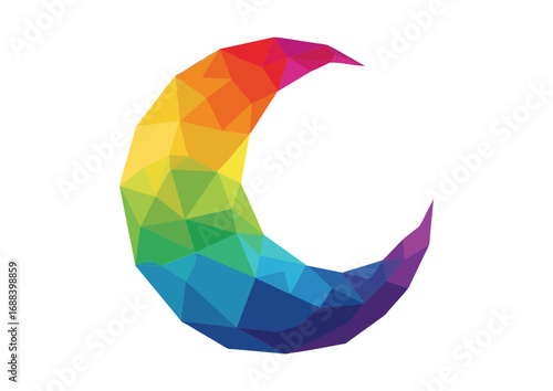 Polygonal rainbow crescent moon with vibrant colors