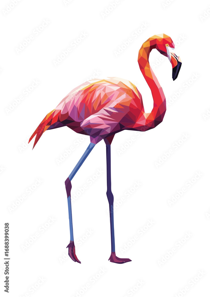 Fototapeta premium Polygonal flamingo standing gracefully on one leg in a minimalistic white background