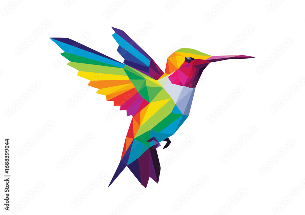 Fototapeta premium Polygonal rainbow hummingbird hovering gracefully