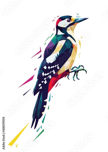 Polygonal woodpecker climbing on a tree in a colorful geometric design