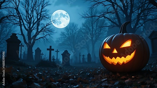 Spooky Jack-o'-lantern in a Haunted Graveyard at Night. A captivating Halloween image showcasing a jack-o'-lantern with a menacing grin, positioned in a misty graveyard under a full moon.