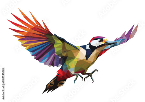Polygonal rainbow woodpecker flying gracefully 