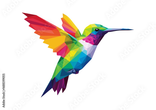 Polygonal rainbow hummingbird hovering gracefully 