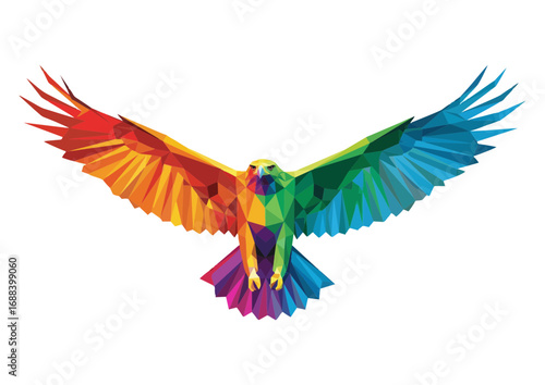 Polygonal rainbow eagle soaring majestically in the sky 