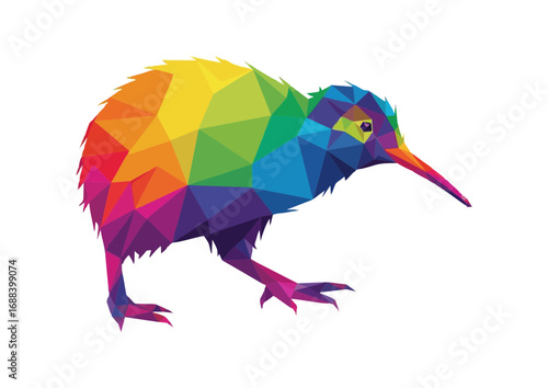 Polygonal rainbow kiwi bird walking gracefully 