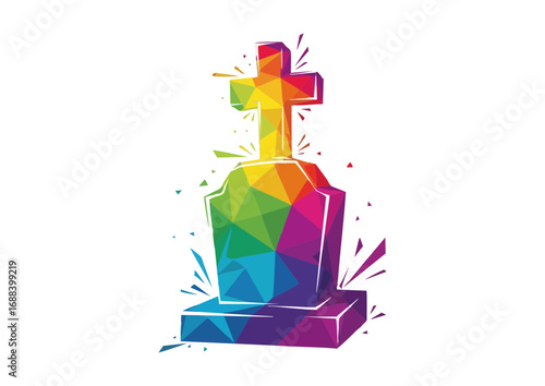 Polygonal rainbow tombstone with vibrant colors 