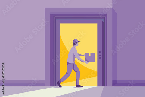 A delivery man carrying a box walks through an open door with a bright yellow light behind the door