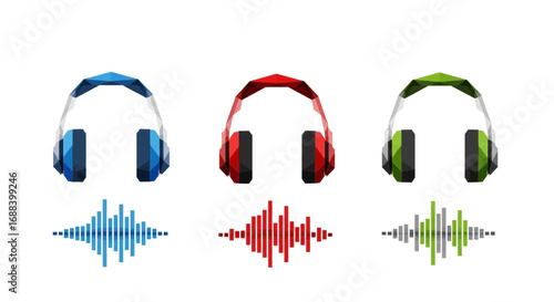 Vibrant audio wave graphics paired with stylized modern headphones in blue, red, and green