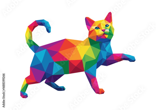 Polygonal rainbow cat walking gracefully 