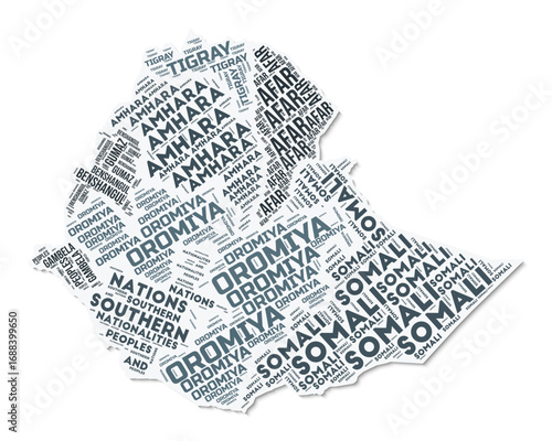 Ethiopia shape text cloud. Country border with shadow on white background. Ethiopia with regions division in vintage gazette style. Artistic vector illustration.