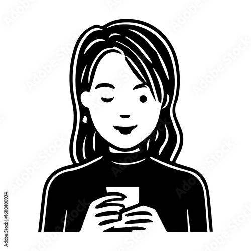 A woman is holding a cell phone and looking at it. She is smiling. Concept of happiness and contentment