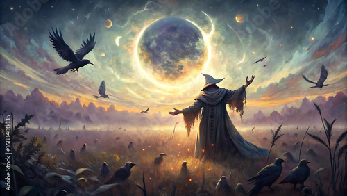 Wizard of crows casting a spell in mysterious fantasy magic illustration