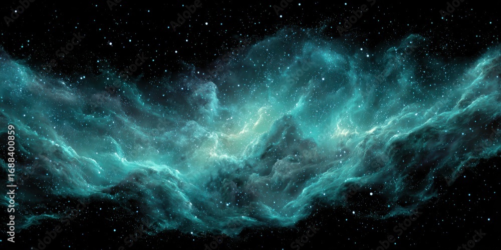 Fototapeta premium Vast expanse of a swirling turquoise nebula, scattered with distant stars