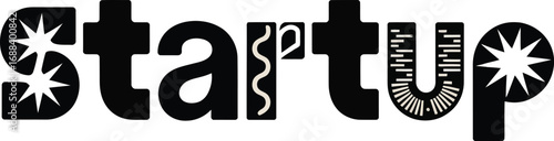 The word startup in decorative black letters with starbursts and wavy line on a white background
