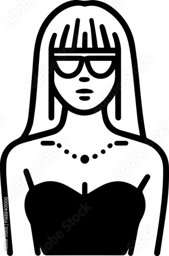 Woman wearing a black dress and sunglasses. She is wearing a necklace and a bracelet. The image is black and white