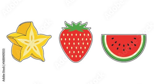 Vibrant starfruit, juicy strawberry, and refreshing watermelon slice icons for healthy eating and summer fun.