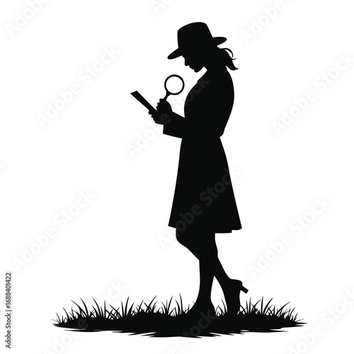 Silhouette of a woman detective examining a document with a magnifying glass