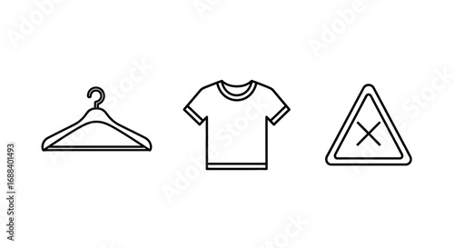 Simple line icons of a hanger, t-shirt, and warning sign create clean visual elements for design projects.