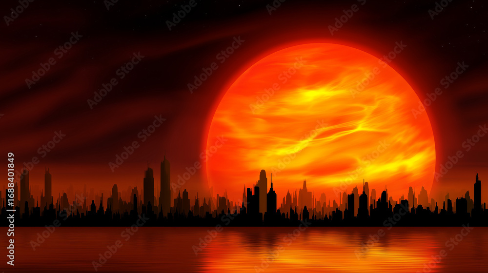 Obraz premium A surreal melting cityscape under an oversized sun, distorted by intense heat waves.