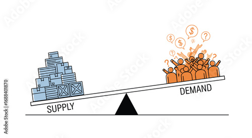 Unbalanced seesaw visually represents economic struggle with high demand and limited supply questioning market stability, Generative AI.