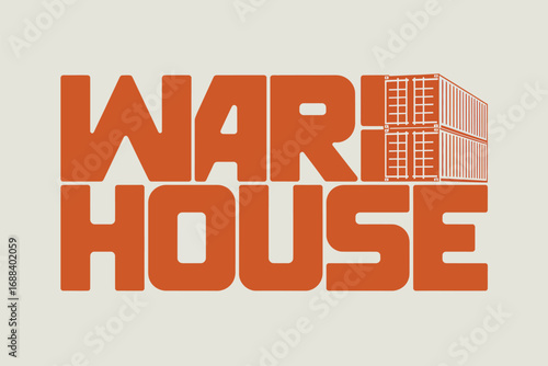 Orange warehouse text with shipping containers replacing a letter on a light background design