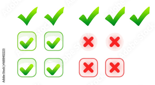 Vibrant green checkmarks and red crosses signify approval or rejection in clean design elements