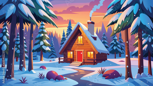 A snowy winter village with a cozy house at night, celebrating the Christmas season with festive decorations and a beautiful landscape