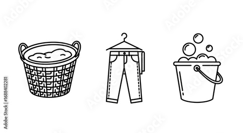Effortless laundry day icons featuring basket, jeans on hanger, and soapy bucket for easy cleaning tasks